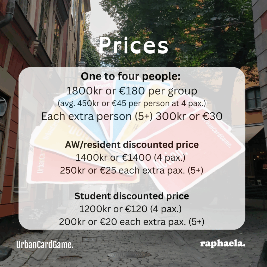Prices: One to four people 1800kr or €180 per group, averaging 450kr or €45 per person for a group of 4. Each extra person for a group of 5 or more 300kr or €30. AW/resident discounted price is 1400kr/€1400 for group of 4, 250kr/€25 for each extra person. Student discounted price is 1200kr/€120 for group of 4, 200kr/€20 for each extra person.